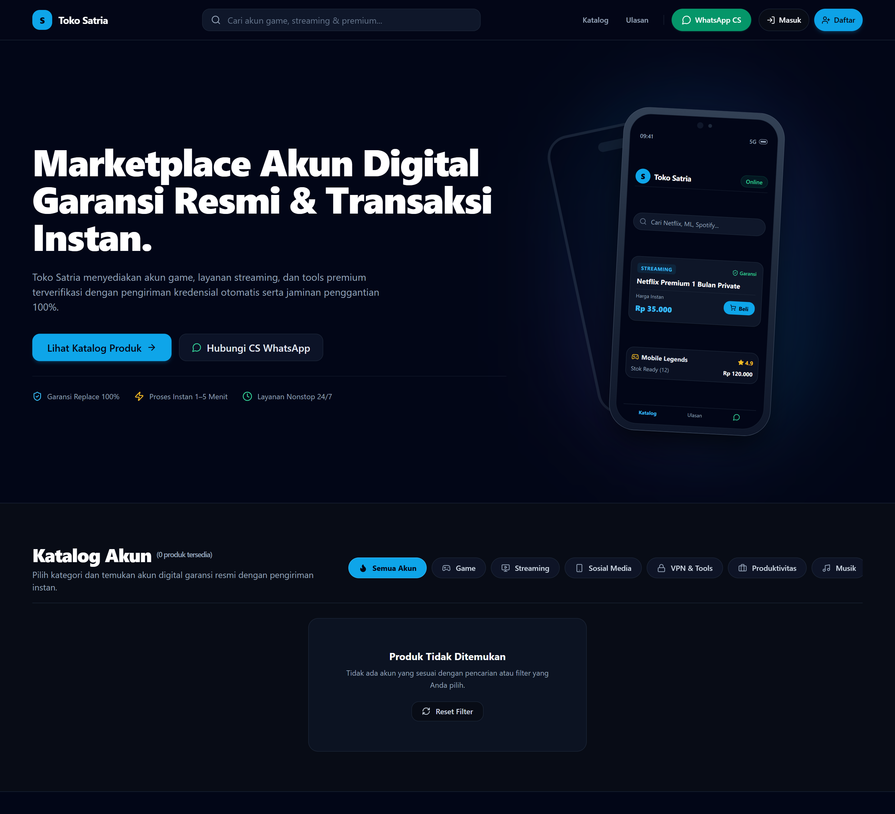 Toko Satria – Digital Accounts Marketplace & Instant Delivery Web App Preview
